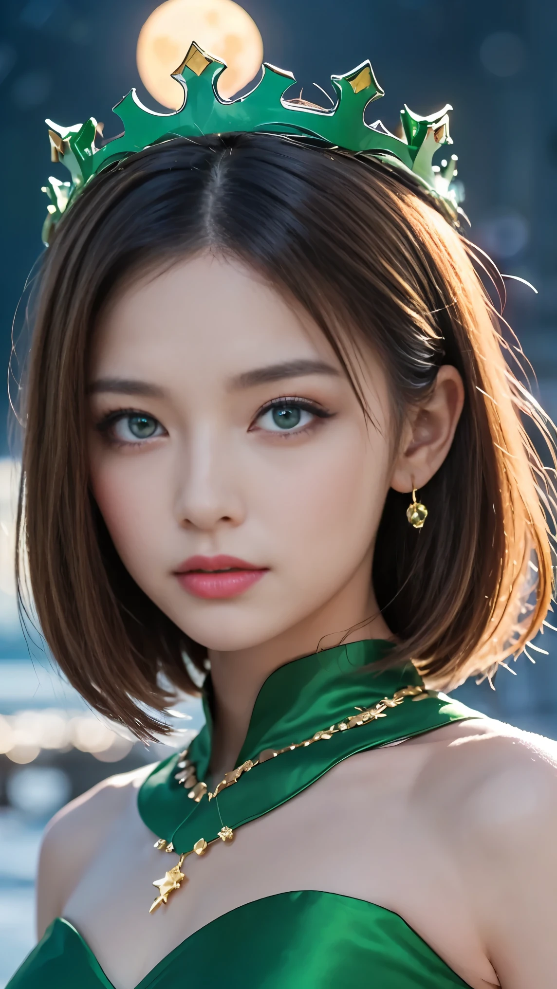 Knight , (( 1 girl on break day)), alone, masterpiece, 8k Wallpaper, high image quality, fool , High quality background , 's short hair facing me, black hair, multicolor hair that matches the eye, Beautiful frozen village, ( Bright full moon ), green dress, detailed dress , jewelry dress, ( magic :1.2), green , green eyes, Shining Eyes, , Ice Goddess, (beautiful green exquisite crown ), electricity, green electricity, green light particles
