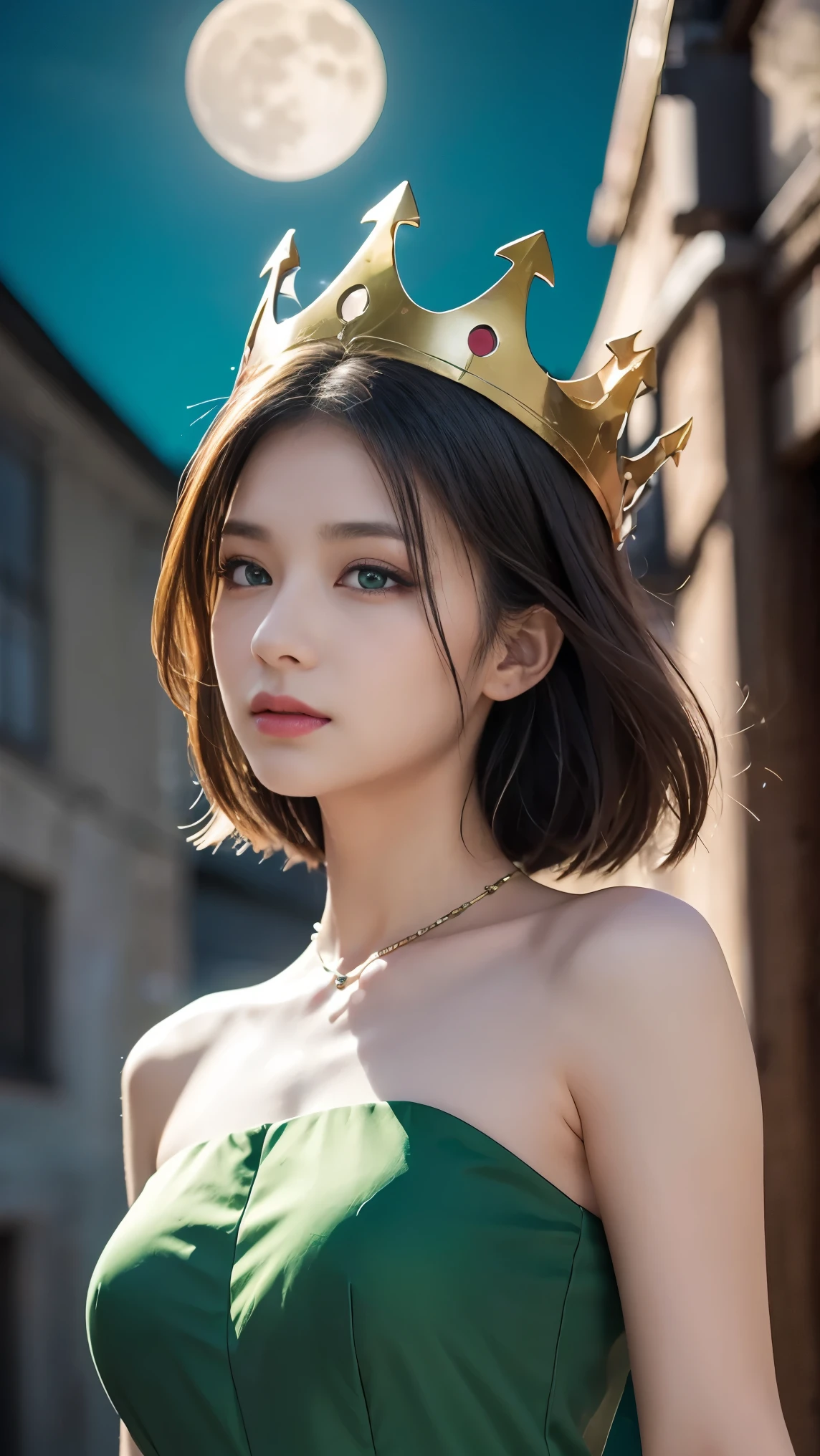 Knight , (( 1 girl on break day)), alone, masterpiece, 8k Wallpaper, high image quality, fool , High quality background , 's short hair facing me, black hair, multicolor hair that matches the eye, Beautiful frozen village, ( Bright full moon ), green dress, detailed dress , jewelry dress, ( magic :1.2), green , green eyes, Shining Eyes, , Ice Goddess, (beautiful green exquisite crown ), electricity, green electricity, green light particles