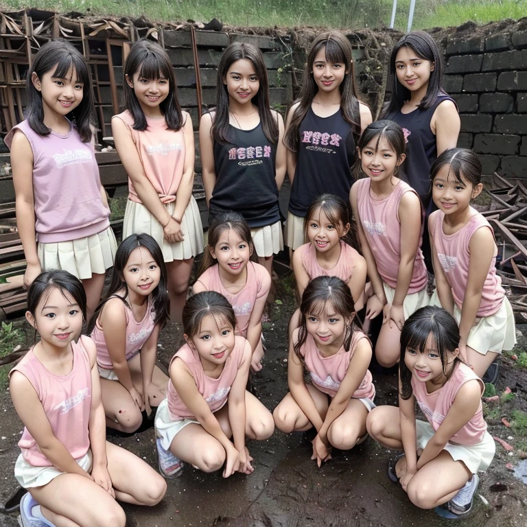 Asian cute girl, 8 years old, a little ???, with T-shirt and short skirt, big breasts, baby face, tiny ???, tiny body, short arms, short legs, bending forward, exposing her cleavage, solo, smile