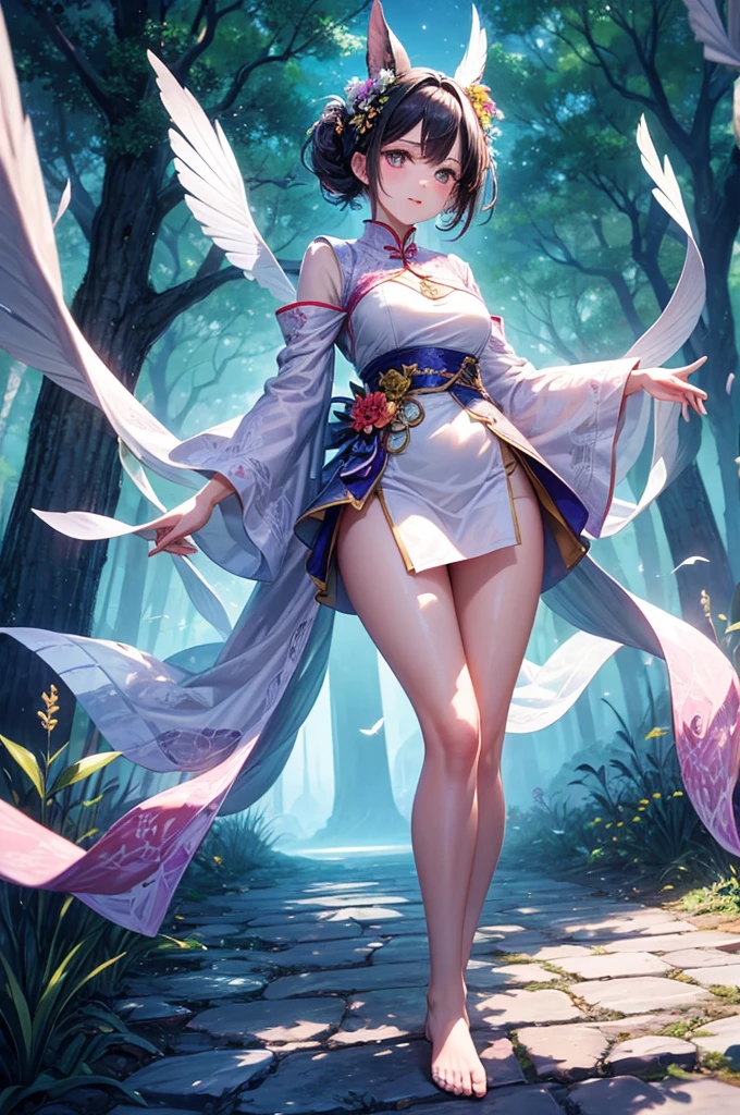 FS, albino girl perfect 10 black hair rarpunzel stands in a picturesque avatar forest, cheerful flirts in front of the camera, the body is graceful with small breasts, her legs are slender graceful, the girl looks amazing, the dress is transparent organza with intricate patterns, high-heeled shoes are elegant with gold patterns, sunlight falls from behind creating a light outline around the contours of the girl, in front soft fill light, photorealistic, concept art, (wow effect: 2), site 500px, ((hyper definition details: 2)) --auto --s2