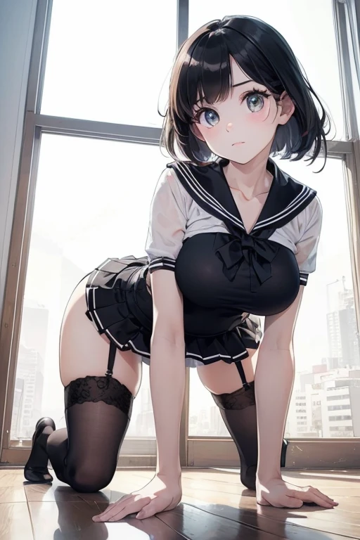 tmasterpiece，best qualtiy，hyper HD，Top resolution，high detal，anime big breast，Wet body，on the floor on all fours，Keep your hands on the ground，Raise your hips，watch audience，angle from behind，Student uniform，Medium hair，Dark black hair，Loves，Lace，pantiess，Bow knot，
