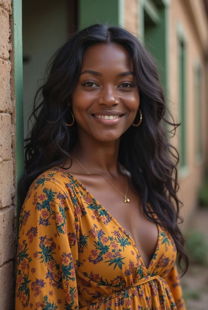 (Masterpiece), Realistic, 8K, looking_at_viewer, very beautiful+attrative+feminine+symmetric+gorgeous+young Ethiopia woman, very cute, extremely cute, inspired by Jasmine Tookes, extremely beautiful, prominent_cheekbones), (very_small_nostrils, very_thin_nose-bridge, very_thin_nose, very_small_nose, very beautiful European nose), pointing nose, long hair, round_face_shape, large_eyes, almond_eyes, red lips, wistful smile, wearing colorful kanga dress