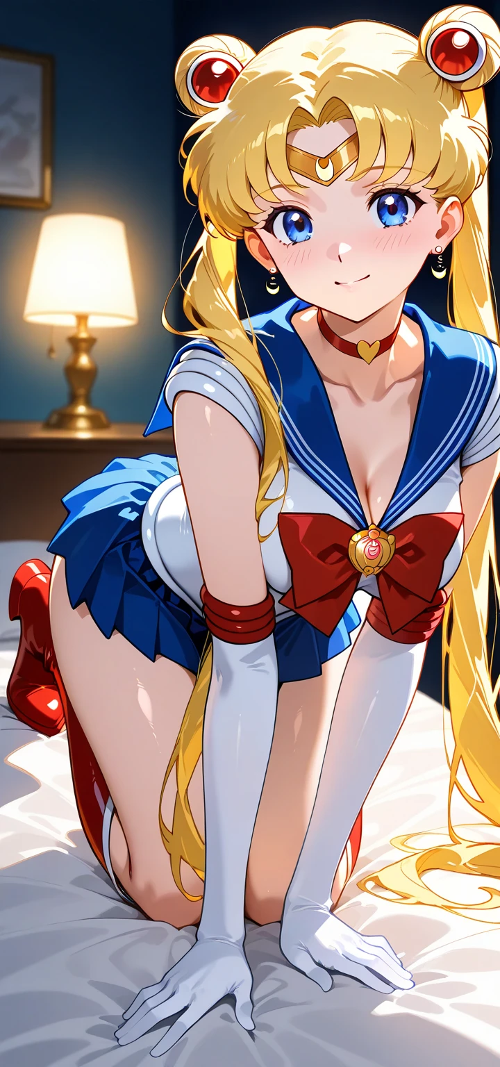 masterpiece, best quality, high resolution, high detail face, venus1, 1 girl, solo, sailor senshi uniform, sailor venus, aino minako, blonde hair, magical girl, blue eyes, orange skirt, elbow length gloves, tiara, pleated skirt, bow for hair, orange sailor necklace, mini skirt, choker, red bow, orange choker, white gloves, very long hair, jewelry, earrings, lying on her side on a bed, showing her ass, ass with a small white thong, very sexy nice ass.