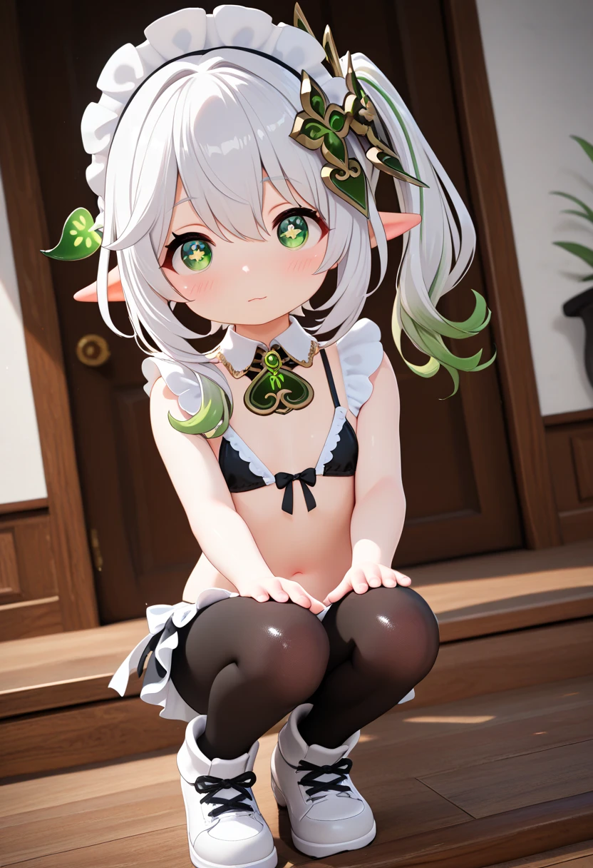 1girl, white hair, green eyes, from behind, looking back, pussy, ((hourglass figure)), ((black lingerie)), ((lingerie)), (black tights), ((thick thighs)), ((naked pussy))
