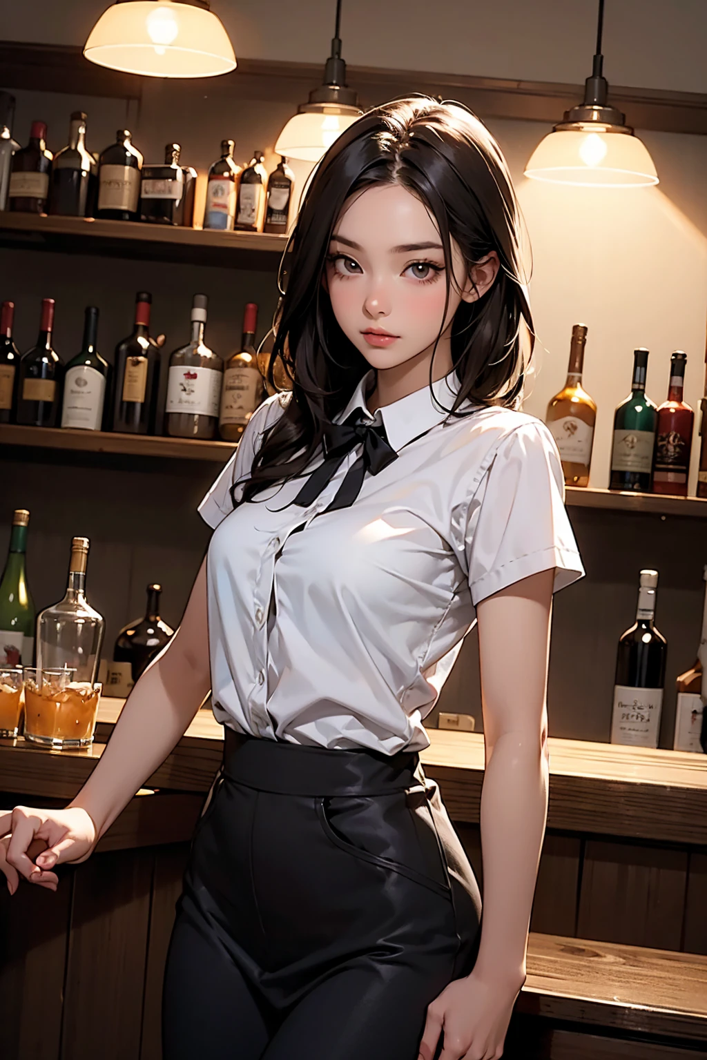 Highest quality、4K quality、Man to attack、Bartender Woman、A man hugs a woman's breastan puts his hand on woman'between legs、thin、Small face、20-year-old、