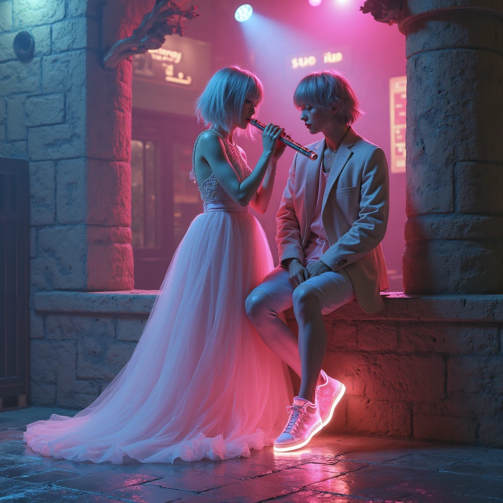 cinematic photo full body two pale men dressed in white, dreadlocks, sunglasses, dancing tango <lora:TheTwinsMatrix1024:0.8> . 35mm photograph, film, bokeh, professional, 4k, highly detailed