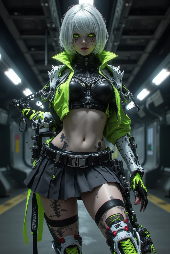 mujer hermosa, ojos verdes , en bikini , estililo cyber punk en la ciudad