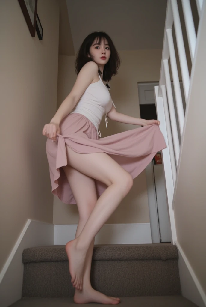 At the top of the stairs,Peek into the skirt from below,Long skirt,Long skirtをめくる,(((turn around))),Hold the skirt with your hands,Pink Panties,See-through