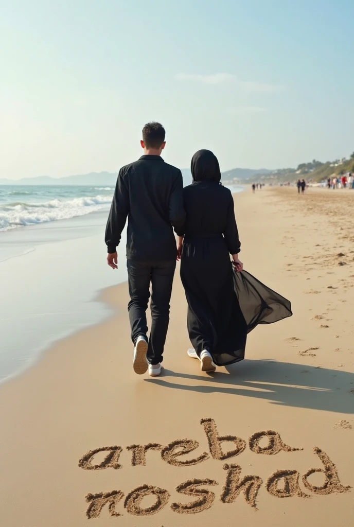 Black headscarf on the beach, coat pants head, barefoot sexy skinny woman. Man sitting in front of woman. Woman puts her foot on the front of man's sweatpants.