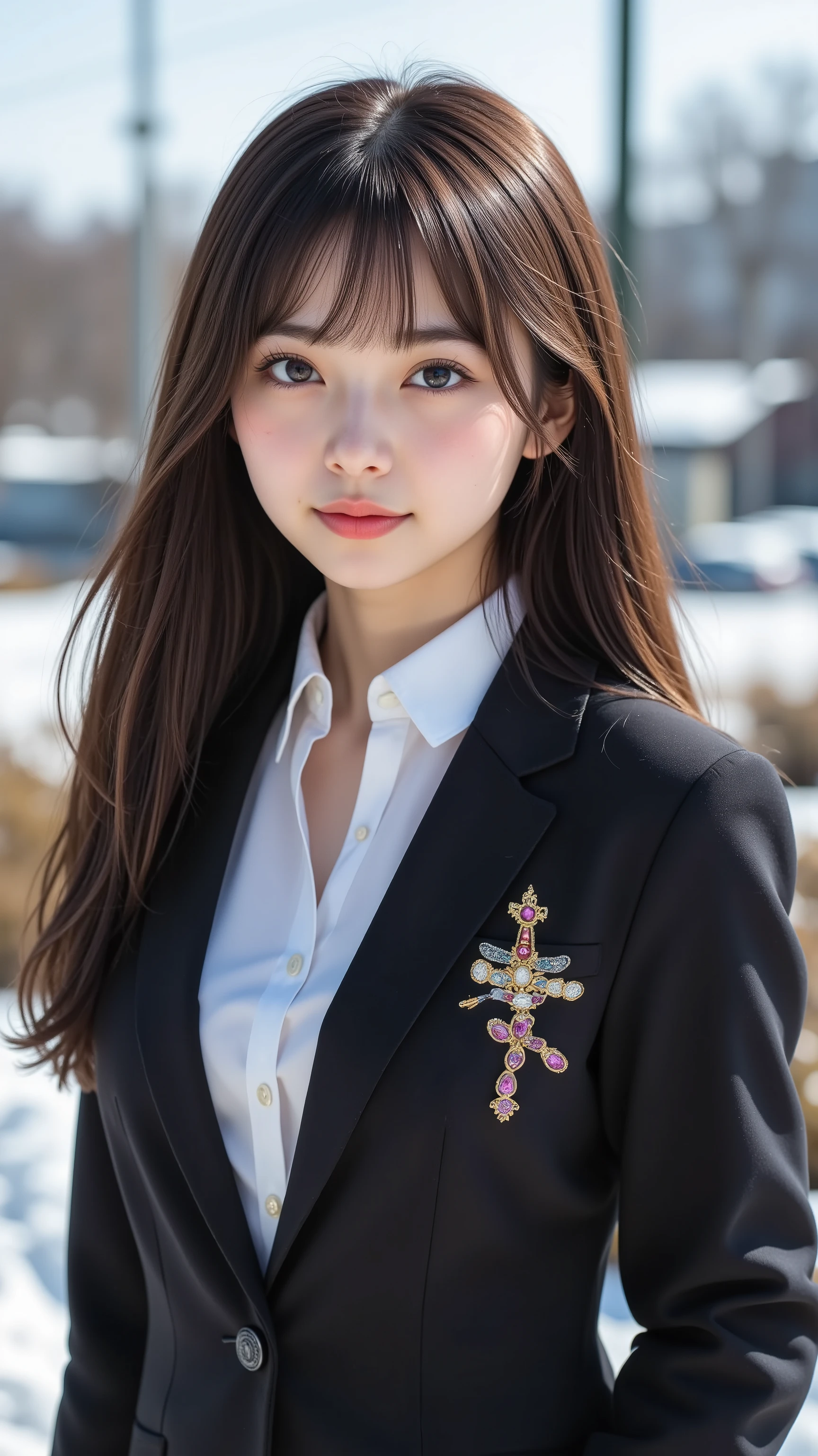 (face that perfectly reflects the entire head is placed exactly in the center of the image: 1.5), (Upper chest: 1.5), (The: 1.5), ( I can clearly see my face : 1.2)、 (black blazer uniform : 1.5), (Snow at school on a clear day : 1.5), long hair、Bangs, smile, young and cute Japanese faces , , HD Images CG Unity 8k wallpaper,Ultra HD Images , Very Detailed, HD Images , film grain standing on the ground ,   Lens Flare Glow   , Highest Quality ,8k,  as a portrait ,8k, viewer , (( masterpiece)), (( Highest Quality )), ( Very Detailed), ((  it's cute )), ((   sexy)), (( Very Detailedな)), (  Detailed Garment Features ), ( beautiful), ペニスを持つfemaleのイラスト , beautiful Japanese woman, ((  female&#39;Gal Group 1 Second  )), ( tight breasts  : 1.3)