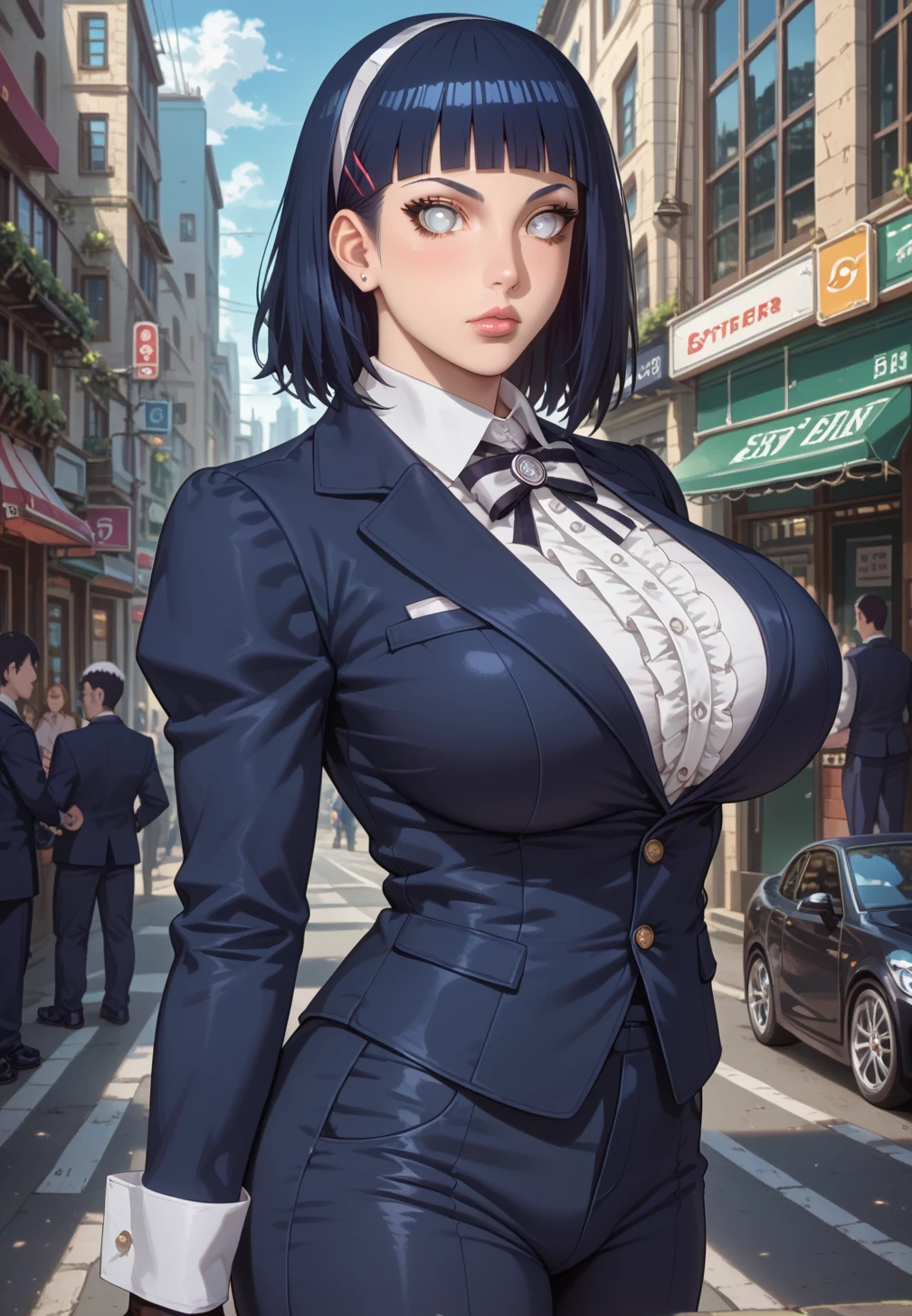 woman, mature, Tae Takemi, extremely detailed face, extremely detailed eyes, short hair, bob cut, very black hair, blue hair, choker, necklace, leather jacket, blue dress, spiderweb, ripped pantyhose, makeup, eyeliner, (wetting self:1.5), desperation, huge breasts, (blushing:1.5), embarrassed, humiliation, aroused, orgasm, trembling, city, street, crowd, night, futuristic, colorful lights, colorful city