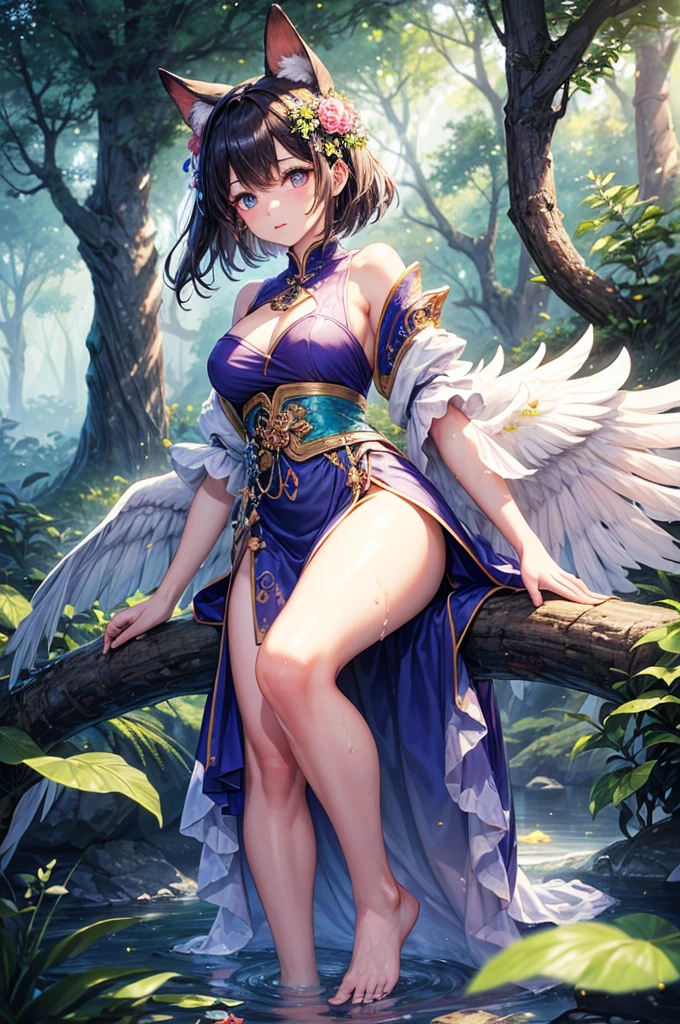 cute girl, swimsuit, forest, flowers, phoenix next to it, sword, cute, exquisite, light fog, wind, aesthetic, fantasy, dream, magic, magnificent imagination, high resolution, super delicate, two-dimensional, masterpiece, best quality