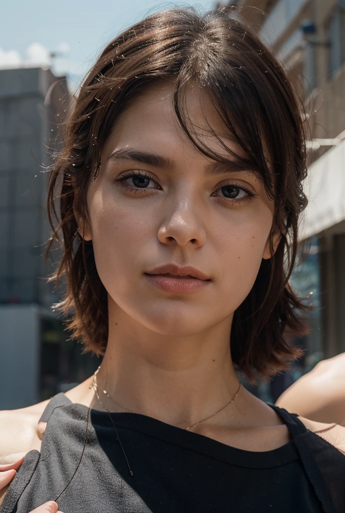 Mesa, photorealistic, Best Quality, intricate and delicate, 8K Wallpaper, premium, masterpiece, realisitic, ultra detailed, 1 girl in white t-shirt, short hair, smooth fur, Look at the spectators