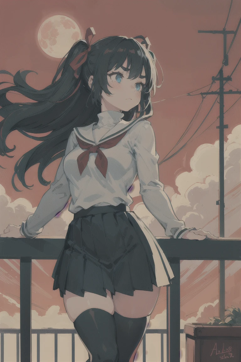 masterpiece:1.2, best quality), (highly detailed:1.3), 1girl, from below, solo, school uniform, sky, cloud, black hair, wind lifting skirt, white panties, skirt, sailor collar, looking at viewer, long hair, building, stormy clouds, sunset, red purple clouds, power lines, shirt, cityscape, scenery, city, , closed mouth, black skirt, WindyUpskirt