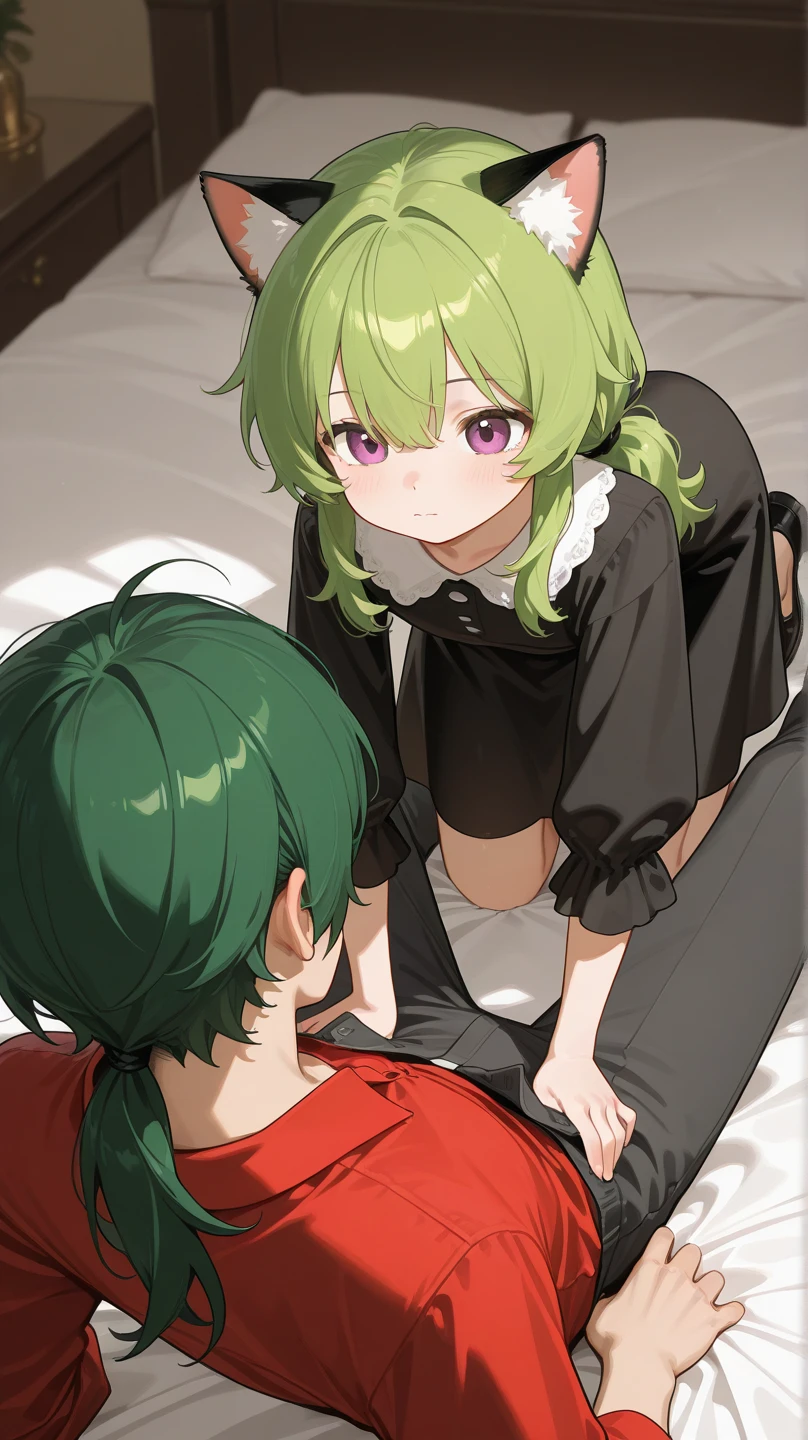 1 girl, cute, young, green hair, bob haircut, green eyes, gothic ta, thigh high, sex,
