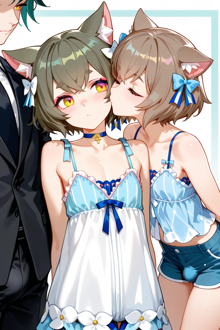 NSFW、(((flat chest)))、(((Upper body naked)))、maid clothes、Lori、Cat's ears、a blond、twinsies、(Full body like)、hightquality、Top image quality、Little devil smile、twogirls、Twin-tailed、side poneyTail