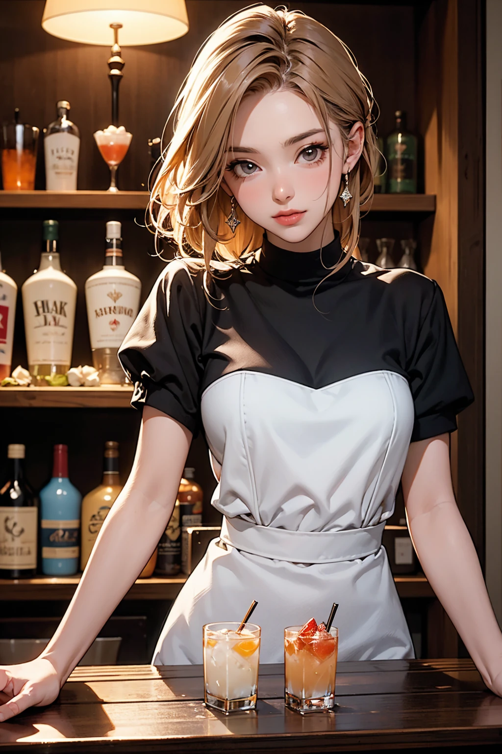 (restaurant, Waitress, standing, Tray in hand:1.2), (tight fit clothes:1.2), (Tight white vest:1.4), (Wear a white vest over a naked body:1.1), (Delicate orange-orange yoga miniskirt1.4), (Wear orange yoga shorts over pantyhose),(Owl print on vest), (Hang the neckline:1.2), bare shoulders​, Plump big breasts,Perfect body slim beauty，