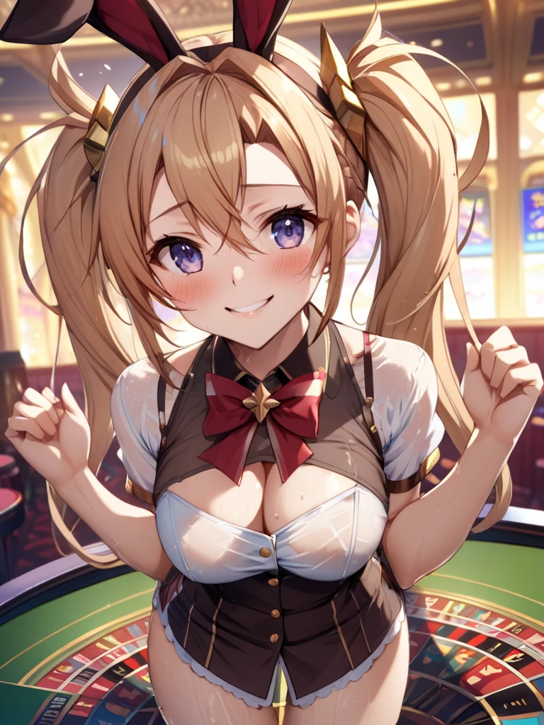top-quality、Full limbs、complete fingers、1girl in、((one beautiful women、独奏))、Beautiful Large Breasts、Medium Hair、straight haired、Red hair、bunnygirl、(red bunny girl leotard)、(brown hair pantyhose)、Red bow tie、Red Bunny Girl Katyusha、casino、roulette、pokies、PlayingCards、A big smile、all-fours