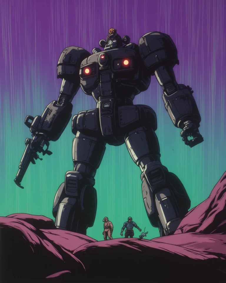 PBOldRifRPGStyle mecha robot monster and a fighjetter on an open mesa landscape, epic light