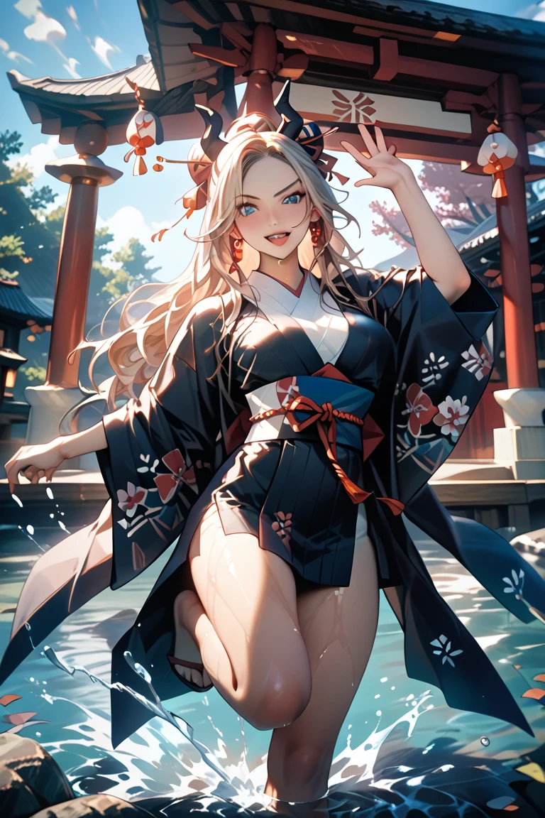 A (((woman in a traditional blue Japanese kimono))), with long flowing silver hair and striking mirrored eyes, standing on a ((traditional Japanese bridge)), short skirt, large breasts, superimposed on a (backdrop autumnal landscape of trees, leaves and a Japanese garden below), holding a large katana, against the backdrop of a (concrete road) and a beautiful cloudy sky