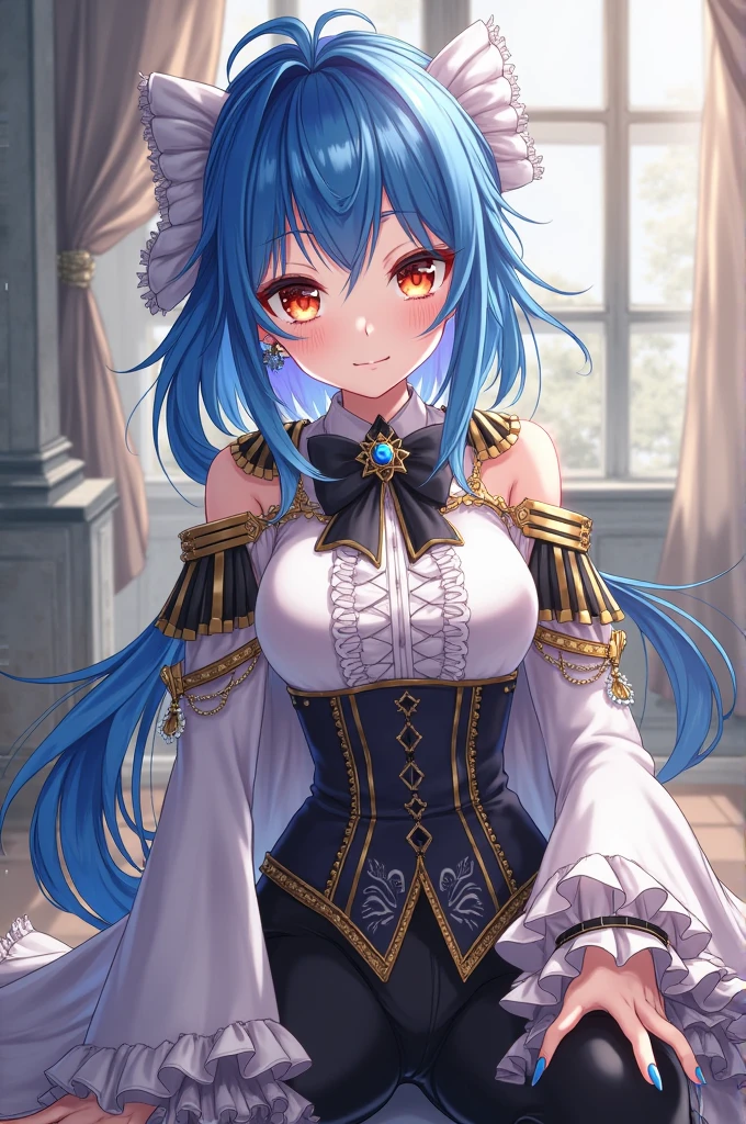 (​masterpiece、top-quality、hight resolution), A wealthy, elegant married woman giving a seductive sidelong glance, but with a subtle expression of guilt. She is dressed in luxurious, high-quality clothing, standing in a beautifully decorated room. Her eyes are inviting yet hesitant, as if she knows she shouldn't be doing this but can't help herself. The lighting is soft and warm, highlighting her conflicted emotions. nsfw, Twin_Turbo_Umamusume, aqua hair, twintails, heterochromia, purple eyes, blue eyes, small breasts