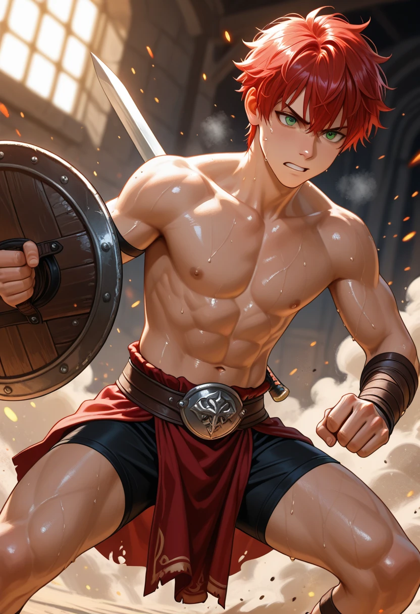 Shirtless, 1boy, ((younger)) , armor (prompt 1.5), warrior, Ancient Greece handsome, Greek model, blonde boy, Sabaku no Gaara, green eyes, red hair, symmetrical, focus on the boy, medium shot, looking at the camera, film grain, young god greek, beauty, pose, super model, young god greek beauty, representation of a Greek god, glorious, majestic, supreme, nature, artistic portrait, artistic pose, photography award. 