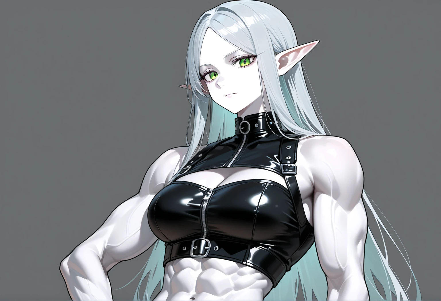 A dark-skinned tomboyish young woman, Android 21 silver hair, violet eyes, long pointy ears, scales on skin, gold jewelry, calm and cool attitude, small grin, white cropped halter top, dark jeans, hands on hips, detailed facial features, extremely detailed portrait, (best quality,4k,8k,highres,masterpiece:1.2),ultra-detailed,(realistic,photorealistic,photo-realistic:1.37),dramatic lighting,cinematic,highly detailed,vibrant colors,fantasy character