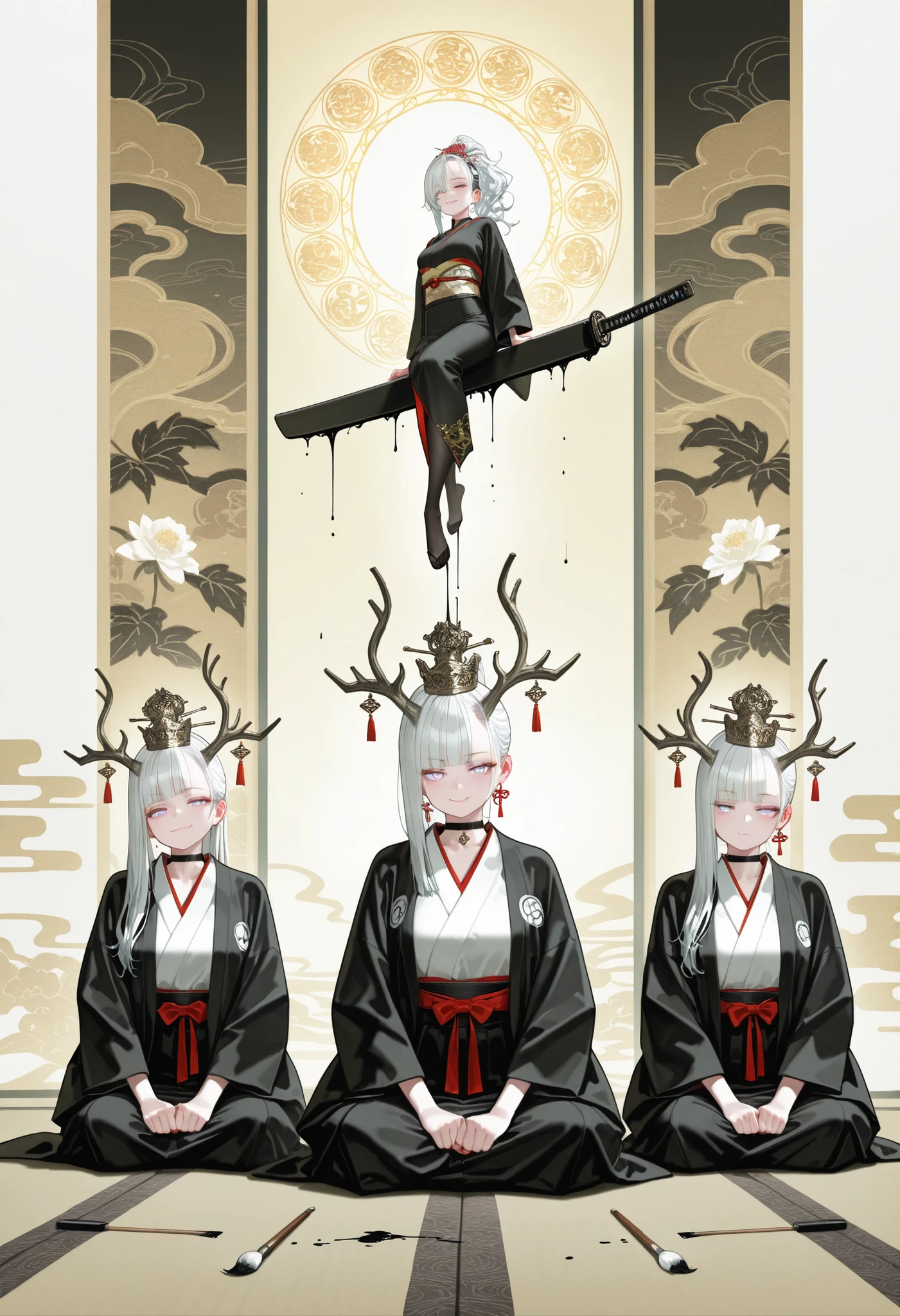 1girl, light lavender eye, jitome (0.5), Asymmetrical hair (half mint hair and half white hair), blunt bangs, hime cut, ponytail, Medium Breast, deer horns, queen, melting black haori, mint kimono, flower pettern, Choker, black nail polish, bare foot, doremi, hwansang, mx2j, masterpiece, best quality, Perfect details, perfect composition, Perfect face, Perfect hand, absurdres, newest, very aesthetic, amazing quality, highres, film grain, Focus on the character, looking at viewer, flowers, Oriental decoration, dynamic view, cute expression, void, wet, water, floating, grabbing, rotus, thin thread, Acrobatics, water string, dramatic, oriental light crown, nsfw, smug face, Gambler, Cinematic, Magnificent, front view, joyful, madness, Dominant, overbearing attitude, arrogant, Sitting on string, floating in air, conduct Gestures, floating gold glow arrow, floating mint glow katana, Gorgeous light effects, Sitting cross-legged, Hand-on chin pose, Scattered liquid black ink, black ink effect, black dust, water effect, Realistic liquid ink effects surrounding the character, floating ink effect swirling around the character, ink painting, Calligraphy, long silk, brush, ukiyo-e, Black and white and mint theme, tailor, dynamic view, Summoner, Overwhelming presence, Shadow Clone, folding screen, Absolute, obscene mood, Elementalist, sexy, lewdness, erotic mood, Focus on the foot, delicate toes, oriental water dragon, 