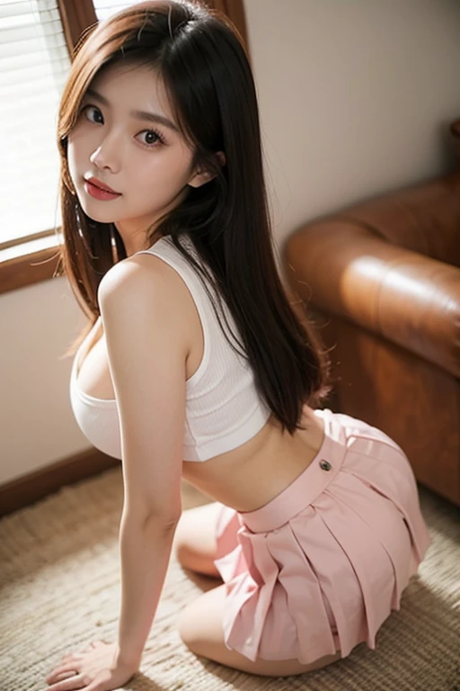 highest quality、17 years old、high school girl 、very cute、((Large Breasts))、((Cute Woman))、(Ecstasy face)、Long brown hair with bangs、Long legs、 Perfect balance、Slim woman、(Increase the resolution)、(8k)、(Very detailed)、(Beautiful big eyes)、Droopy eyes、Earrings、necklace、(highest quality)、(Very detailed)、(masterpiece)、(wallpaper)、(Detailed face)、((white short sleeve sailor uniform:1.3))、Very short white sailor suit、(Navy Pleated Mini Skirt:1.5)、((Perfect Anatomy))、Perfect limbs、Perfect Fingers、((very slim thin thighs))、(Very thin legs)、((barefoot))、(Spread your legs wide:1.3)、(Lift your legs:1.3)、(Navy Pleated Mini Skirtが捲れ上がった:1.5)、(Angle from below)、((White lace panties exposed:1.5))、In her room、