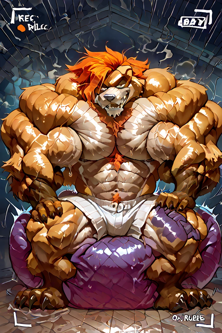 Male lion、very slender body、Smart figure、Constricted torso、abdominals、shiny body hair、Hands raised、disheveled hairstyle、crotch mane、a mane that covers the chest、a mane that covers the belly、Lying Pose、Pose lying on your back、is crying、Crying、Facial expressions of suffering、Pained look、Screaming expression、Black mane、profile、full nude、Upturned face、large amount of chest hair、large amount of belly hair、large amount of axillary hair,、anime style big eyes、Ruby eyes、sharp toenails, Composition looking up from directly below、Large bulging crotch、Crotch that swells like a ball、Milk spills from the crotch、the whole body is wet with milk,、a large amount of white sweat、Heavy drool、Inside the limestone cave、dark backgrounds、White breath、Purple tentacles、Tentacles entangled in the body