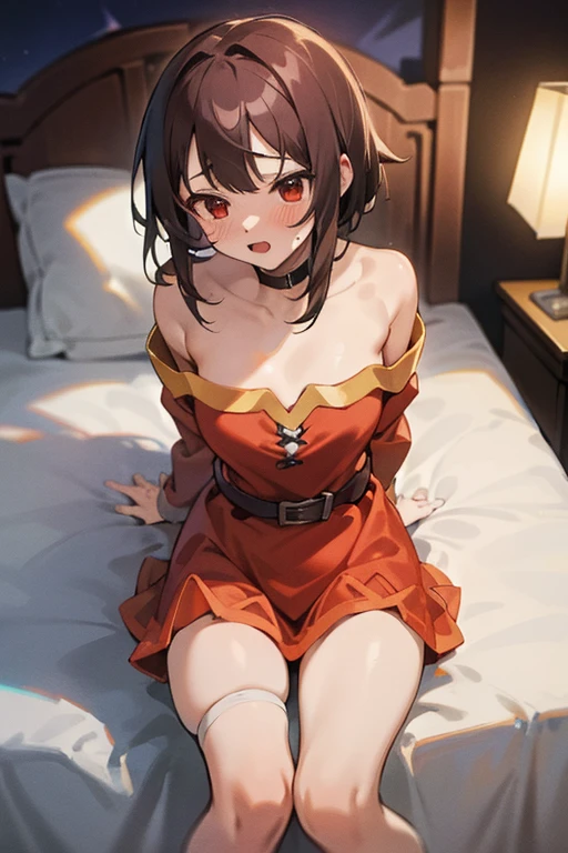 Megumin, One girl,alone,Short and long hair,Brown Hair,Red Eyes,Small breasts,clavicle,Red dress,Gold border,Black choker,The chest is loose,Bandage on leg,Hotel Rooms,Night view of skyscrapers,Orange lighting,Top view,