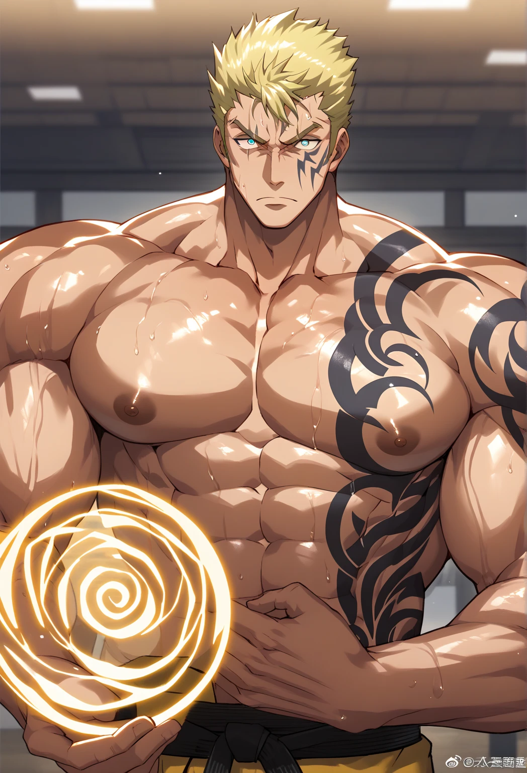 (((best quality, high resolution, masterpiece, best quality))),anime screencap, 1boy, muscular male, sweaty, masterpiece, depth of field, baseballplayer, looking at viewer, laxus_dreyar, yellow hair, chest tattoo, yellow lightning, spark, grin, dynamic pose, large penis, nude, handsome, full body
