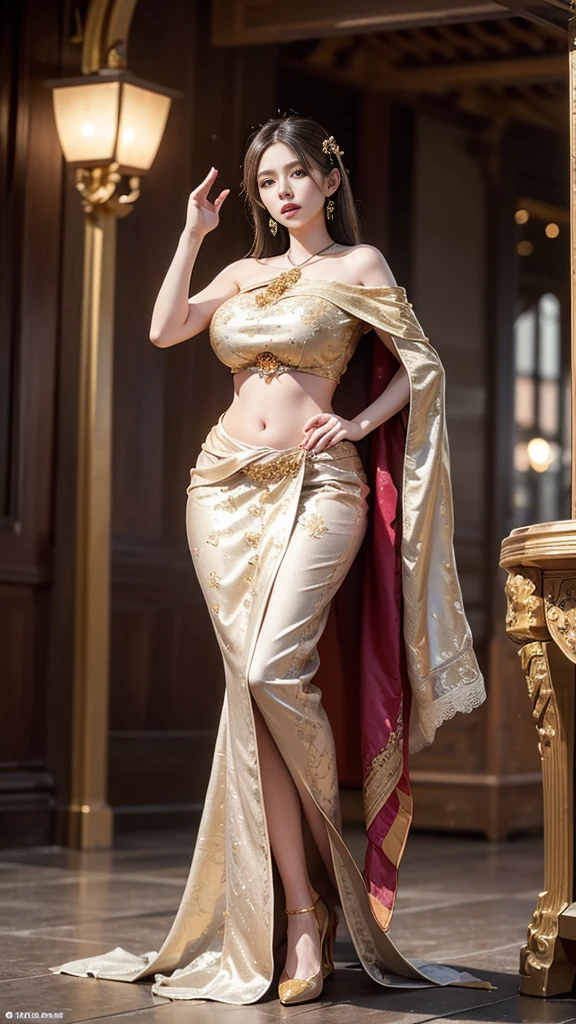 full shot body photo 1 Girl hot and sexy looking, Indian girl, Lehenga and gold blouse, Goldn Hill Sandal, White Skin tone, Blushing, elegant blouse, Broun eyas, deep cleavage ((show Full Body)), big thighs, detailed dress breast focus, big cleavage extremely detailed skin 4K, Wearing India jewelry, Natural Light, posing for a professional photoshoot, out door, ultra-Realistic 8k,