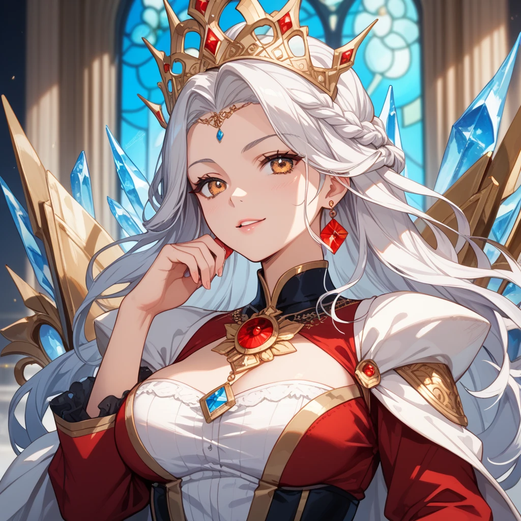 A 25 years old girl wearing queen dress and crown, smiling face, looking at viewer