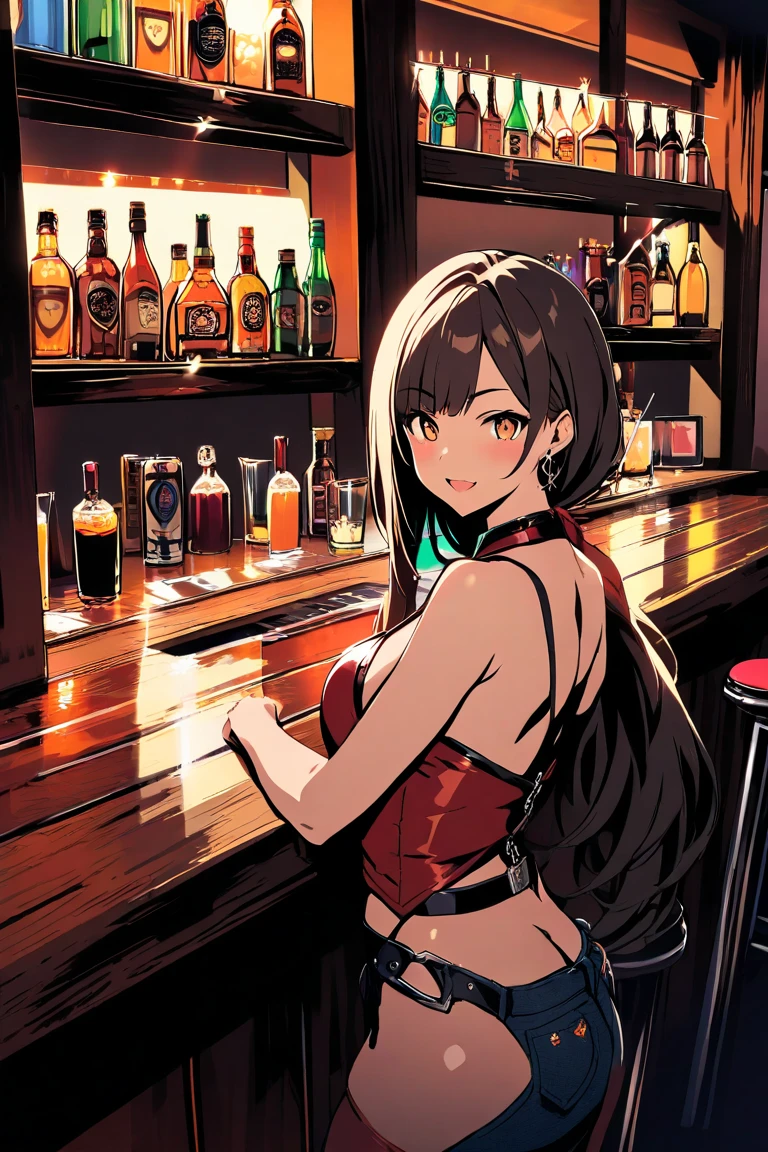 (Masterpiece:1.2, Best quality), ((1girll)), ((Solo)), (finely detailed face:1.3), (beautiful and clear background:1.2), (Extremely detailed CG, Ultra-detailed, Best shadow:1.1), ((Depth of field)), Large breasts, Bare shoulders, Beautiful concept illustration, (Extremely fine and beautiful:1.1), (Perfect details:1.1), Reiju, Masterpiece, A high resolution|★\[A high resolution\], Best quality, (Extremely detailed Cg Unity 8K wallpaper), attractive legs, barefoot, happy, (busty), (perky) (large ass) (bubble butt), AGGA_ST003, human_feet, purple eyes, pink poison, poison wings. short messy hair, hair pink hair thay ends in purple, finger frame, cleavage, low cut shirt, tight shorts that show off ass, in one piece, pyradef, in a bar