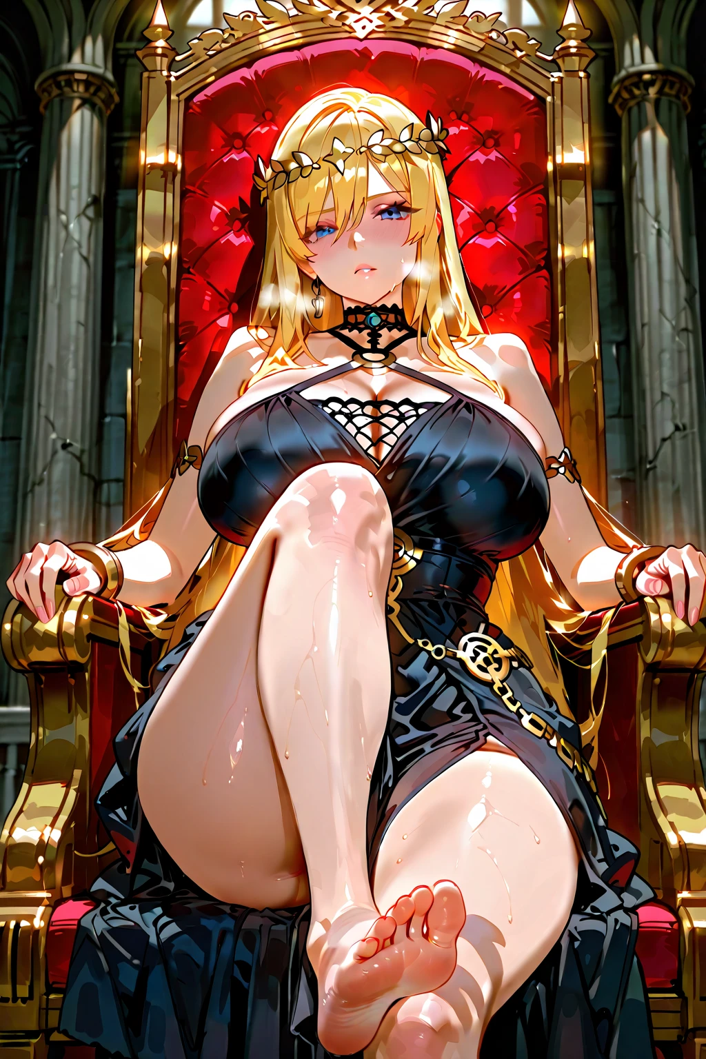 (very close up) (butt visible:1.4) (heels) (squatting:1.3) (legs spread) (long legs) (breasts spread:1.5) (arms spreading breasts:1.5) (1girl) (adult woman) (topless:1.1) (elaborate beautiful red gold dress) (ruby red chains on wrists) (vagina) (girl looking at viewer intently) (ruby red halo) red rose choker, night, dark cozy bedroom, Good lighting, Shadows in the movies, very large breasts, thin waist, Long HAIR, (blonde hair), original HAIR style, Dynamic Angle, (detailed face) (dynamic lighting), (horny look) (ruby red eyes glowing with power:1.1) (ruby red leaf bracers on arms) (ruby red leaf hair piece) (elaborate ruby necklace) (red roses on bed) (red roses in hair) (stunning beautiful red eyes) night beautiful garden
