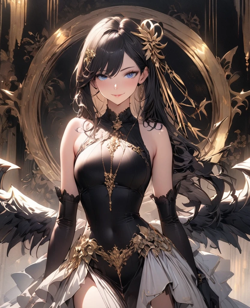In a world where the elegance of a faded era meets the precision of mechanical innovation, a Gothic Lolita girl stands as a living testament to this haunting beauty. Her long black hair drapes luxuriously around her shoulders, a silken veil of night that enhances the alabaster fragile elegance of her complexion. Her dress, a cascade of deep black fabric intricately entwined with lace and satin, whispers of a time once filled with grandeur and sophistication. Her mechanical wings, a marvel of artistry and technological prowess, spread wide in a magnificence that defies conventional beauty—their metallic feathers etched with ornate details that glint like starlight in the decadent gloom of her surroundings. She inhabits a space that breathes decay; fragments of marbled elegance and ghostly echoes of an opulent past cradle her form, shaping an ambiance of poetic disarray. Each movement she makes tells a tale of gracefully enduring time, a symphony of elegance and resilience set against the melancholic serenade of inevitable decay. Her eyes, dark and fathomless, capture the melancholic essence of a world forever caught between its past grandeur and the mechanical marvels of an evolving future.