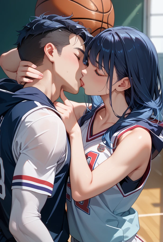 Girl with black hair,long and straight with brown eyes kissing a boy with brown eyes and lots of curls, is high. They are on a rugby field. The girl has a white coat without a hood with blue jeans and the boy has shorts and an orange and green t-shirt that says lomas.. They are kissing
