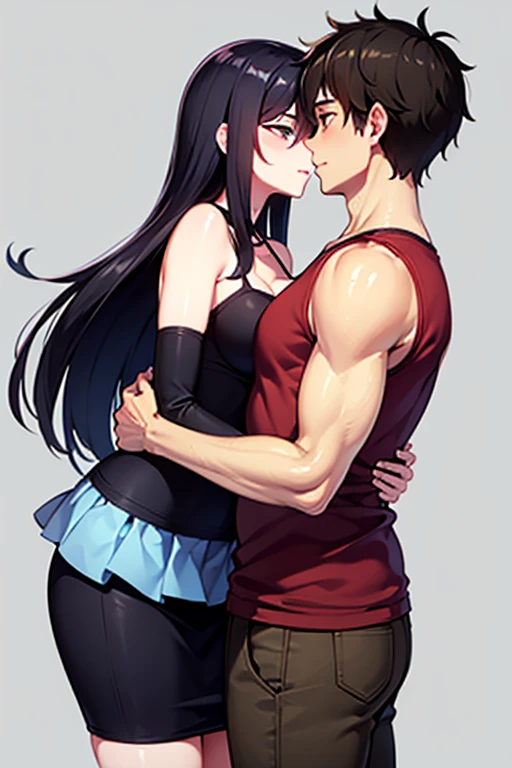 1 milf, purple and slightly black hair, wearing a black tank top, cynical look, angry face, white background, sex scene with guy