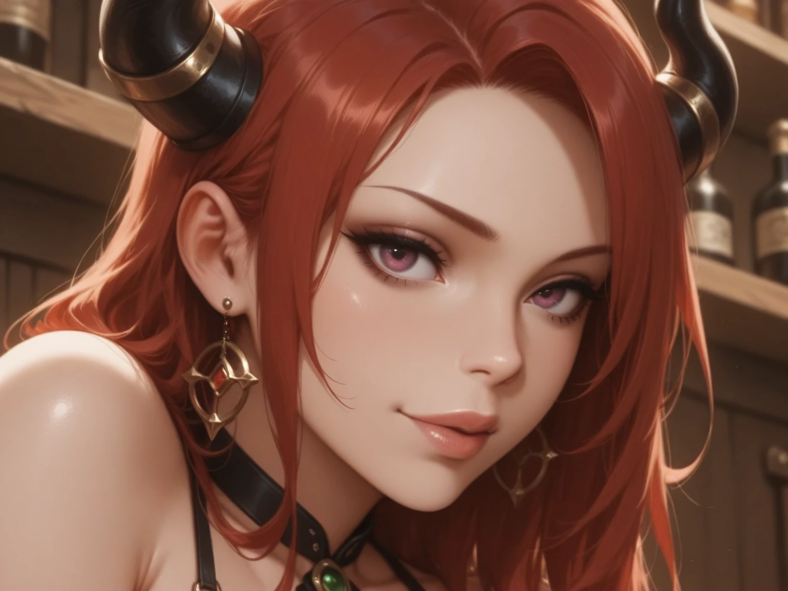 (best quality, highres:1.2), ultra-detailed, (ultra realistic:1.37), portraits, anime, orange eyes, brown hair, demon girl, horns, red skin, meru, medium breasts, Shasha Foxx, vibrant colors, soft lighting, mystical ambiance wide eyes, sitting, lustful, dungeon background