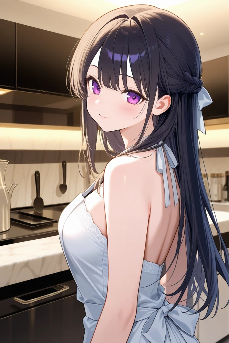 1boy and 1girl, Angle from the front、The girl bends forward to show off her breasts、seductive evil grin, 10 year old girl, Small breasts, Camisole、In the corner of the kitchen、((paizuri)),1penis, eject cum, cum to breasts