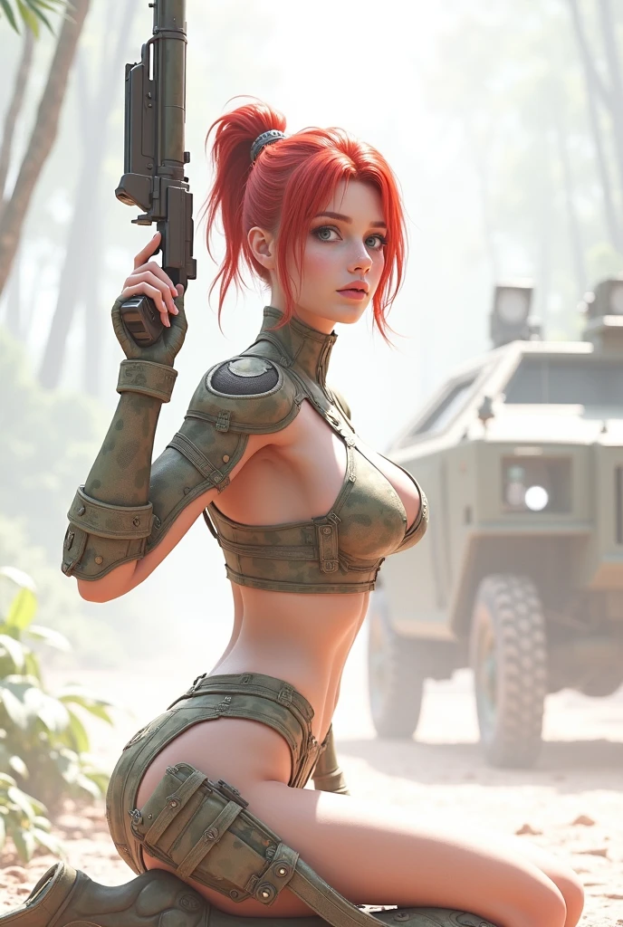 1woman 20 years old, max resolution, sculpted, military, wearing a soldier helmet, beautiful, perfect body, red hair, blue eyes, perfect body, thin waist, wide hips, large breasts, slim thighs, jungle background, armored vehicle, military robot dog, camouflaged uniform, tight panties, two-piece, highly detailed, high resolution, perfect hands, side view, camo, face fully turned to the side to look at the viewer, turn her head to look at the viewer, genuflection kneeling, one knee on ground, one knee up, holding up a rifle
(nsfw:0.55), ((flat chested, flat stomach, baby face)), (((vibrant colors))),((3d)), (intense colors)