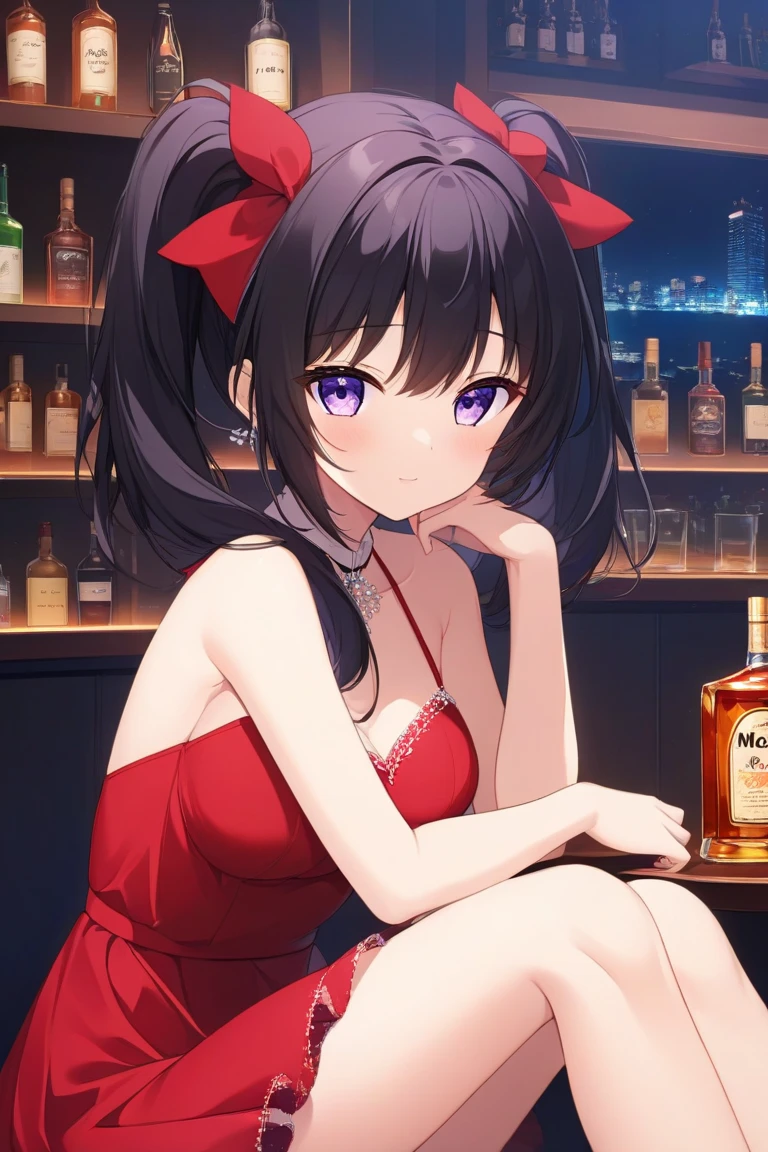 1lady,solo,beauty,ennui,smile,red dress,big bust,curly hair,black and medium hair,girls bar,bar,she drinking alcohol in bar,night bar,dark bar,beauty drinking cocktail