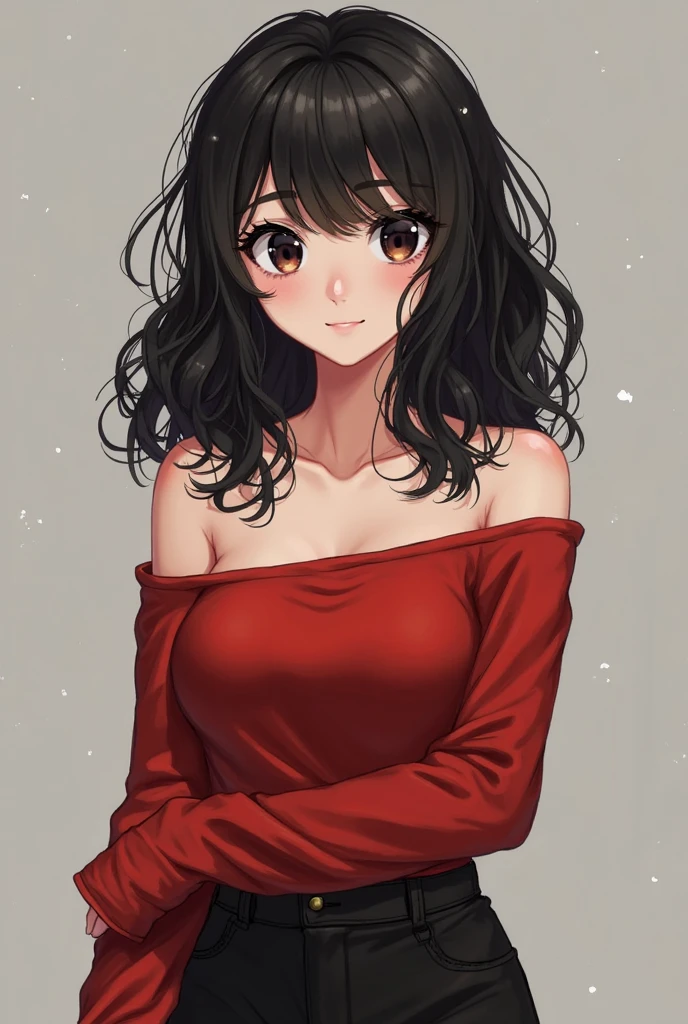1 girl, Rin Harusaka, alone, Close-up shot，，cleavage，Off the shoulder dress，long hair, sweater, red sweater, looking at the audience,  black hair, blue eyes,  Bangs,  sweater, Upper body, parted Bangs, black ribbon, ribbed sweater, Double tail, Smile