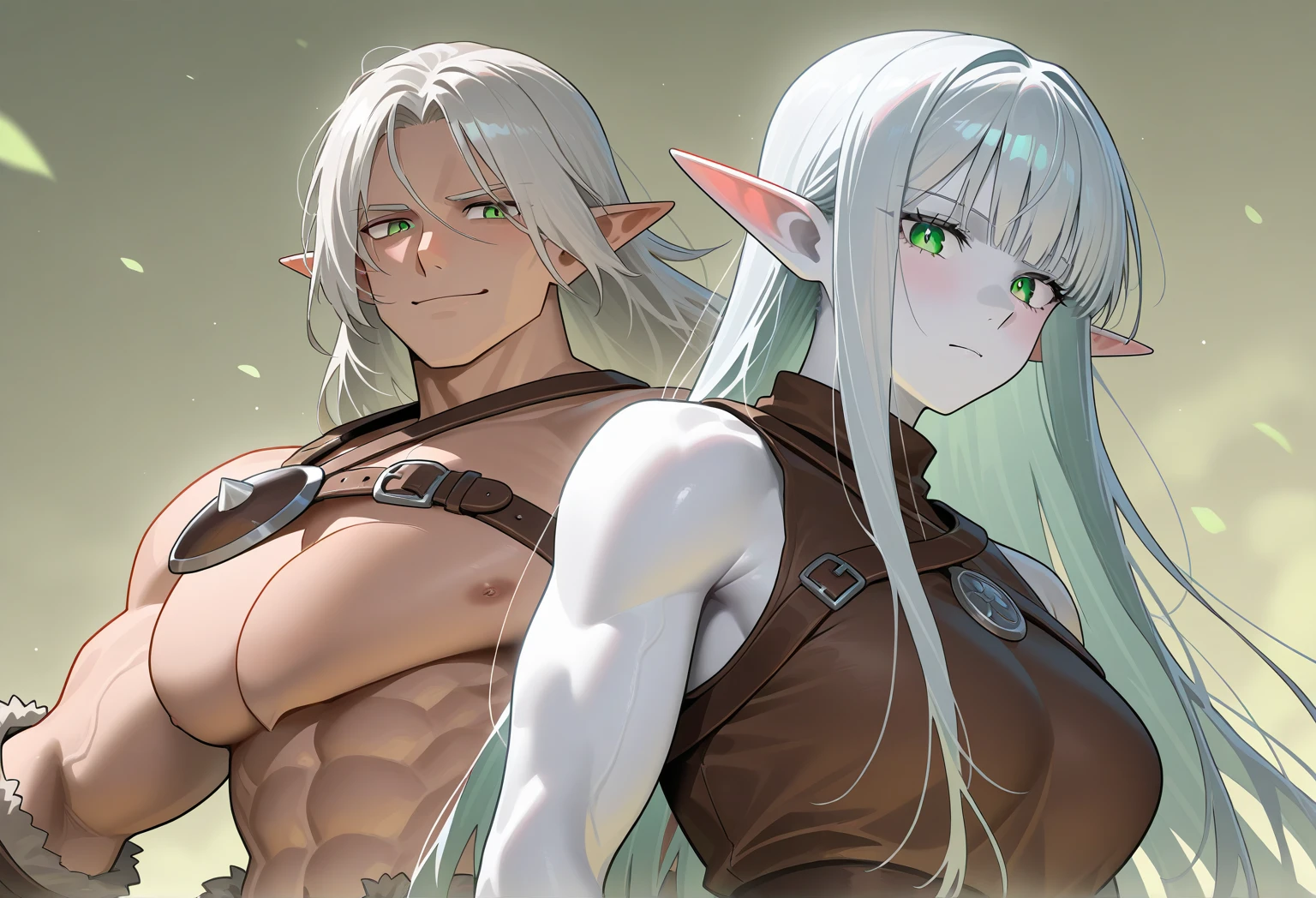((1 indigenous woman, woman with penis, erect penis, testicle)),((with tribal tattoos, muscles))),((medium breasts, naked breasts, erect breasts, naked pussy)),((white hair)) ,((brown eyes, hopeless face)),((standing, In a haunted forest, at night)),((1 arm behind the back)),
