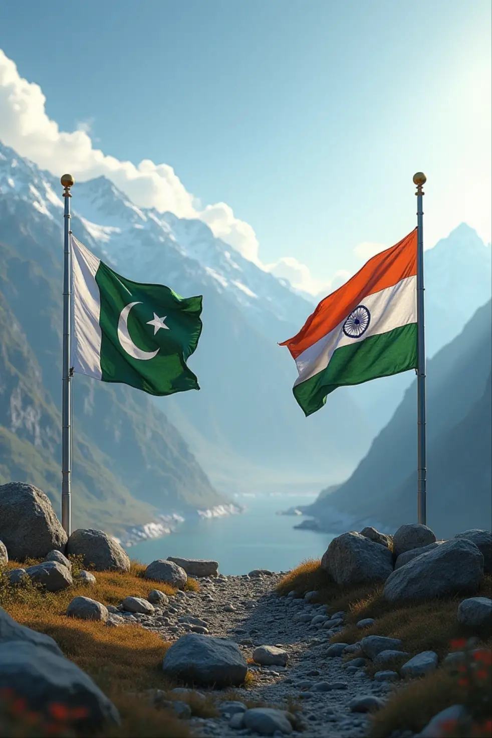 Make Pakistan india loc in kashmir with Pakistani and indian flags on there sides