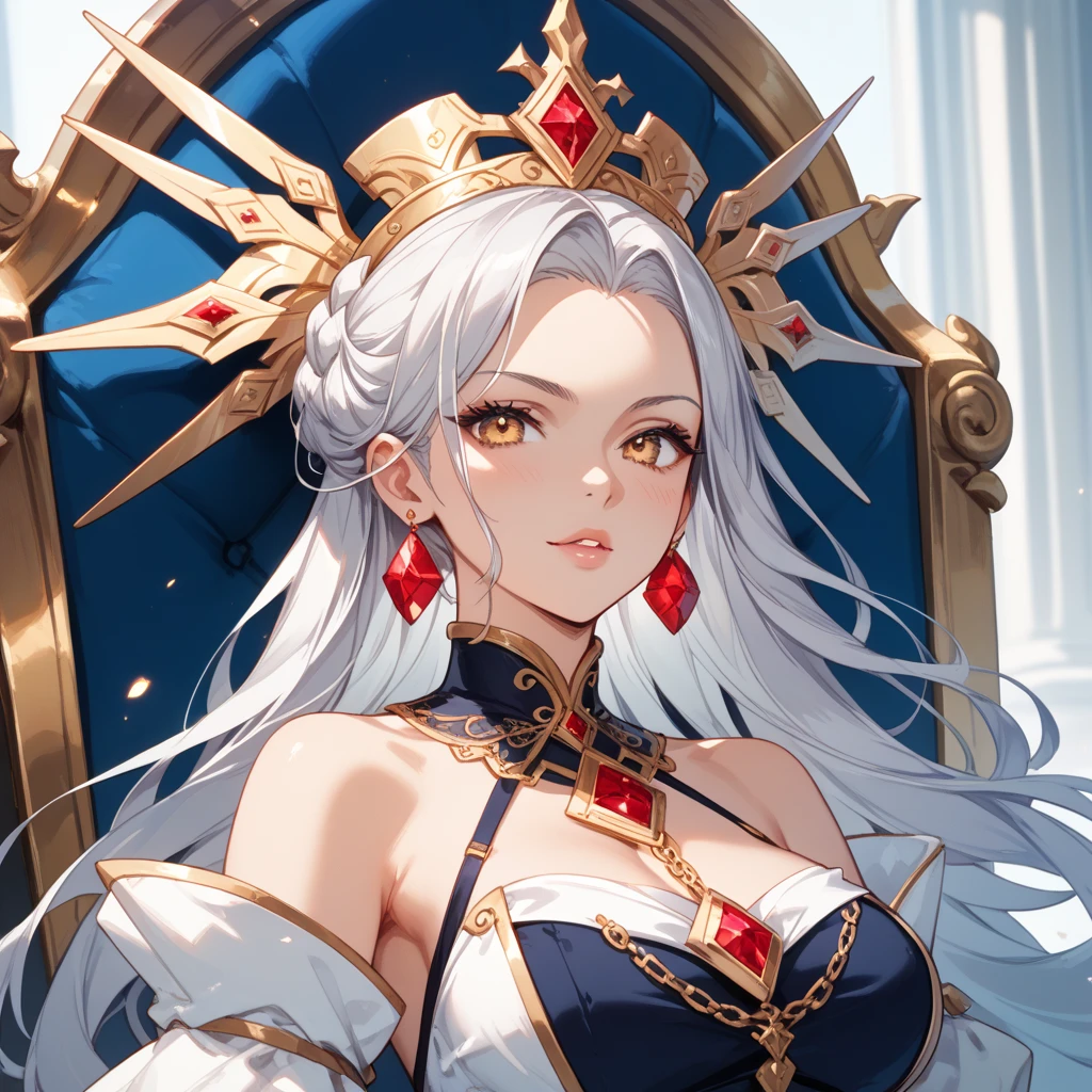 1woman, gold suit, as supreme queen, crown, smile, red eyes, white hair colour, long hair,