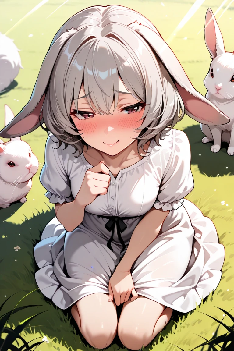 ((masterpiece,best quality)),1girl, llama, barefoot, knees up, dress, sitting, short sleeves, looking at viewer, grass, short hair, smile, white hair, puffy sleeves, outdoors, puffy short sleeves, bangs, on ground, full body, animal, white dress, sunlight, brown eyes, dappled sunlight, day, depth of field