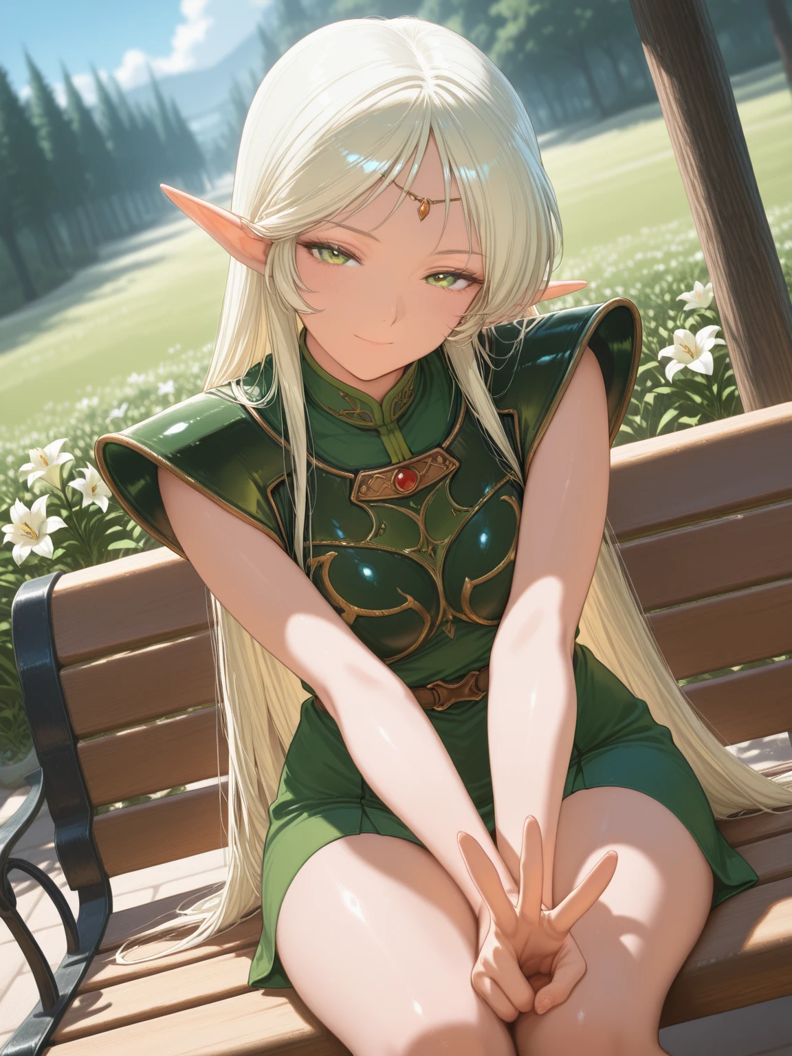 (original character、Unity 16k wallpapers, table top, highest quality, super detailed, Highly detailed CG, caustics, cinematic lighting, be familiar with, detailed and beautiful eyes, alone、oily skin), ultra high resolution, fine skin, (goblin, Plump), (strong light)、((brighten the subject))、cute 8 year old goblin、 same:1.4、Shiny Valley、white skin、green eyes、brown short wavy hair、Ahoge、long sideburns:1.4 、gold hair ornament、crystal earrings、long revealing green dress、gold accessories、white cloak、gold accessories、brown sandals、has a cane、in the forest、