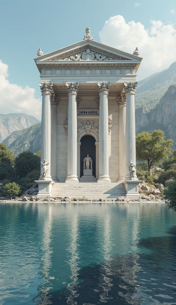Create an image with the characteristics defined in the tag and avoid using the characteristics defined in the tag.

Show a scene where a muscular male figure, seen from behind, walks towards an open portal. The figure is wearing a reddish-orange tunic, shirtless, and is positioned at the center of a majestic corridor of intense orange-colored columns. The columns are tall and robust, with classical architectural details in the capitals and bases. The upper part of the corridor features an entablature decorated with intricate details, including a sculpted figure above the portal.

The corridor is reflected in a rectangular pool of serene, deep blue water occupying the foreground of the image. The water sharply reflects the figure and the columns, creating an effect of symmetry and depth. The sky in the background is a vibrant, clear blue with no clouds, contrasting with the structure and highlighting the scene. The lighting is natural and bright, casting soft shadows and enhancing the warm colors of the columns and the tunic. The composition should have a realistic style, with a focus on symmetry and linear perspective, creating a sense of grandeur and serenity. Do not include any other characters, modern elements, vegetation, or objects outside the context of classical architecture. Avoid overly dark or shadowed details, as well as faded or grayish colors. 